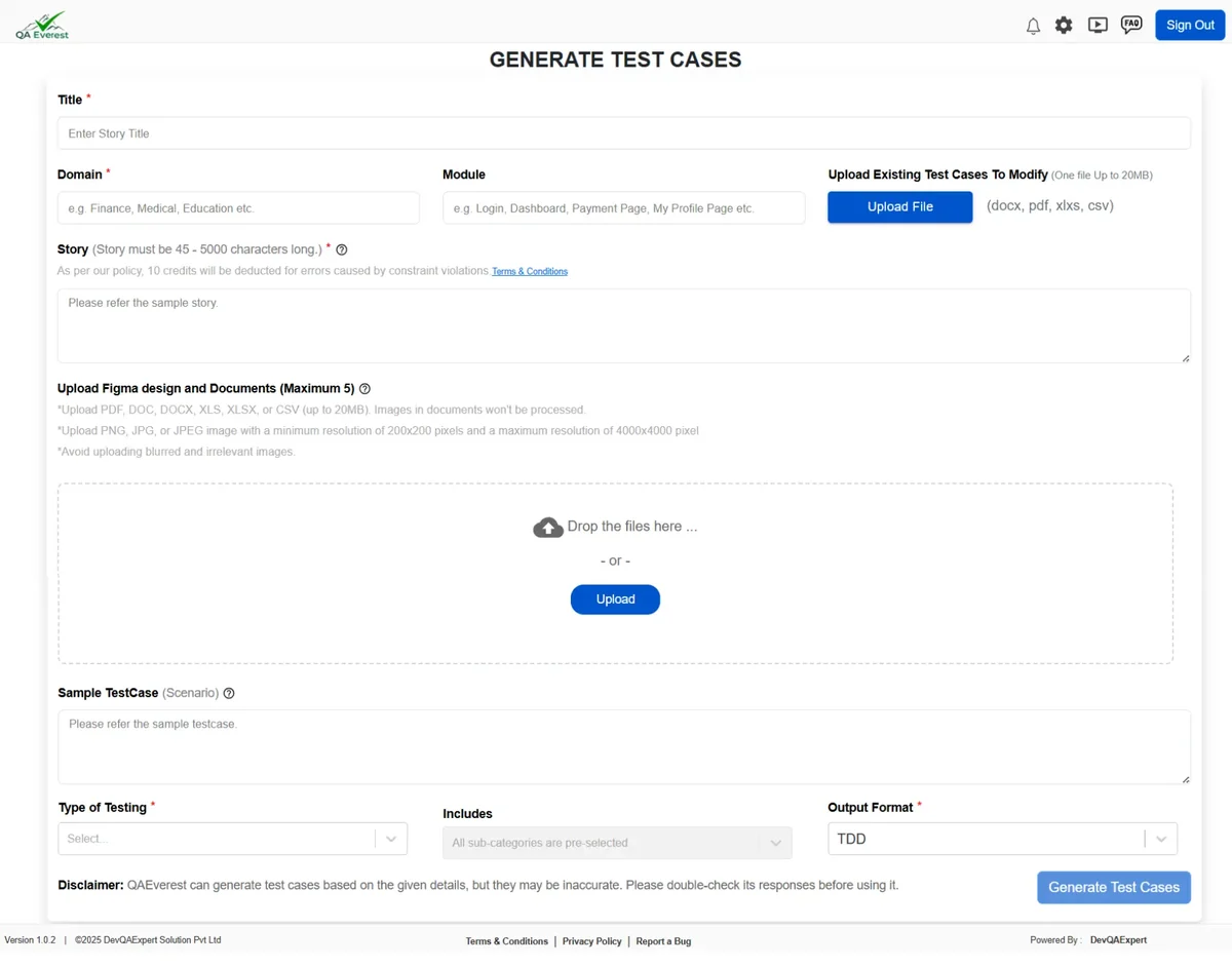 QAEverest Generate Test Cases form with story, domain and testing type fields